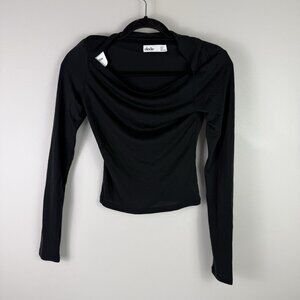 Elodie Black Draped Cowl Neck Top XS Fitted Long Sleeve Minimalist Chic